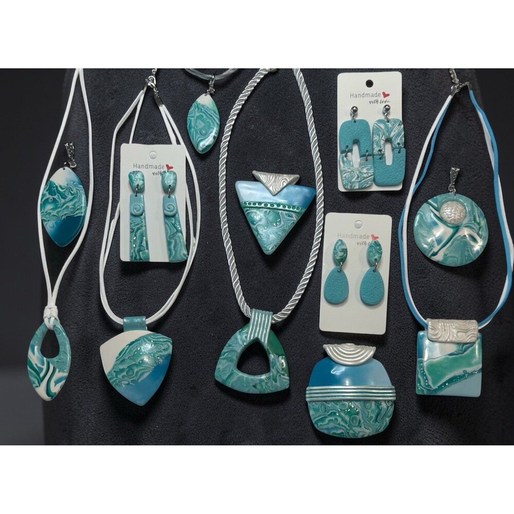 Handmade Green & Blue Large Polymer Clay Pendant Necklace on 18" SS Cable Chain - Picture 6 of 8